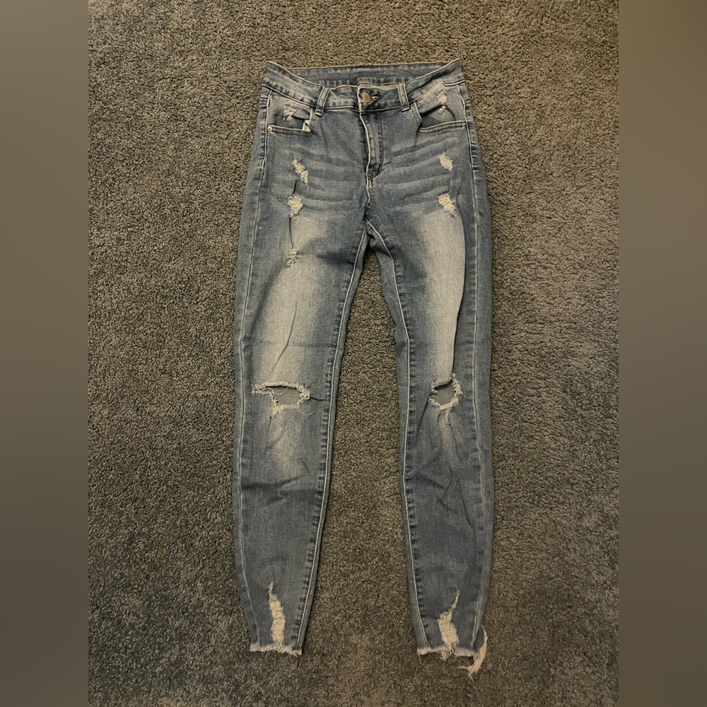 Shein High Stretch Ripped Raw Hem Skinny Jeans
